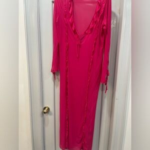 Finesse Bright Pink Sheer Maxi Dress with Ruffle Trim